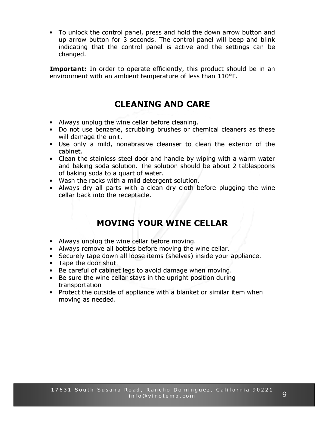 Vinotemp VT-34 TS owner manual Cleaning and Care, Moving Your Wine Cellar 