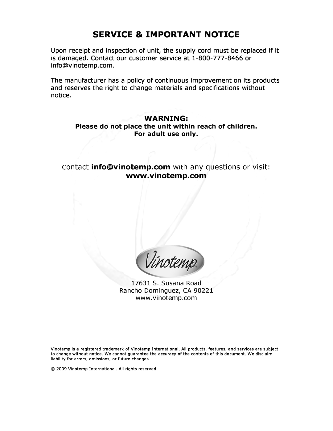 Vinotemp VT-34 TS owner manual Service & Important Notice, W W W . V I N O T E M P . C O M 