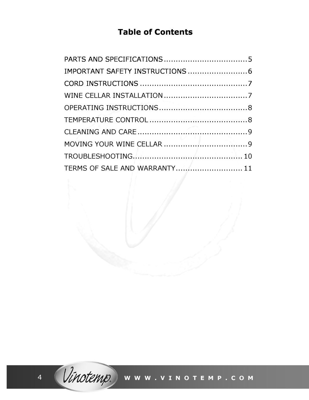Vinotemp VT-34 TS owner manual Table of Contents 