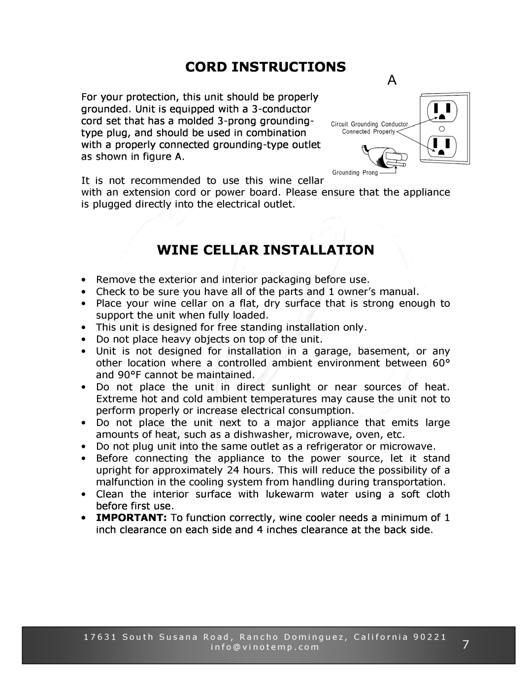 Vinotemp VT-34 TS owner manual Cord Instructions, Wine Cellar Installation 
