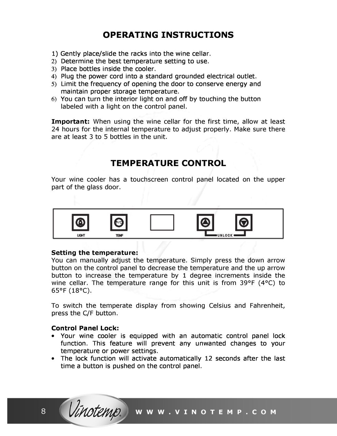 Vinotemp VT-34 TS owner manual Operating Instructions, Temperature Control, Setting the temperature, Control Panel Lock 