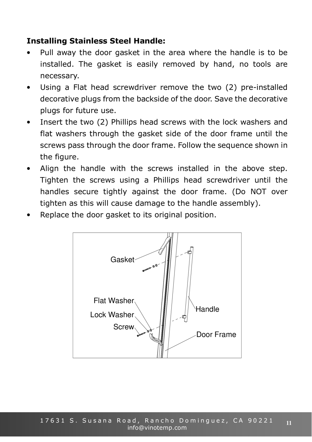 Vinotemp VT-36 owner manual Installing Stainless Steel Handle, Gasket Flat Washer Lock Washer Handle Screw Door Frame 