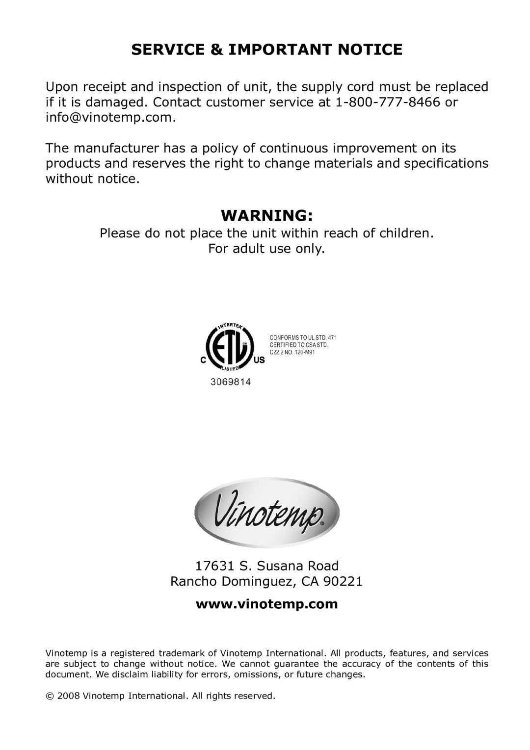 Vinotemp VT-36 owner manual Service & Important Notice 