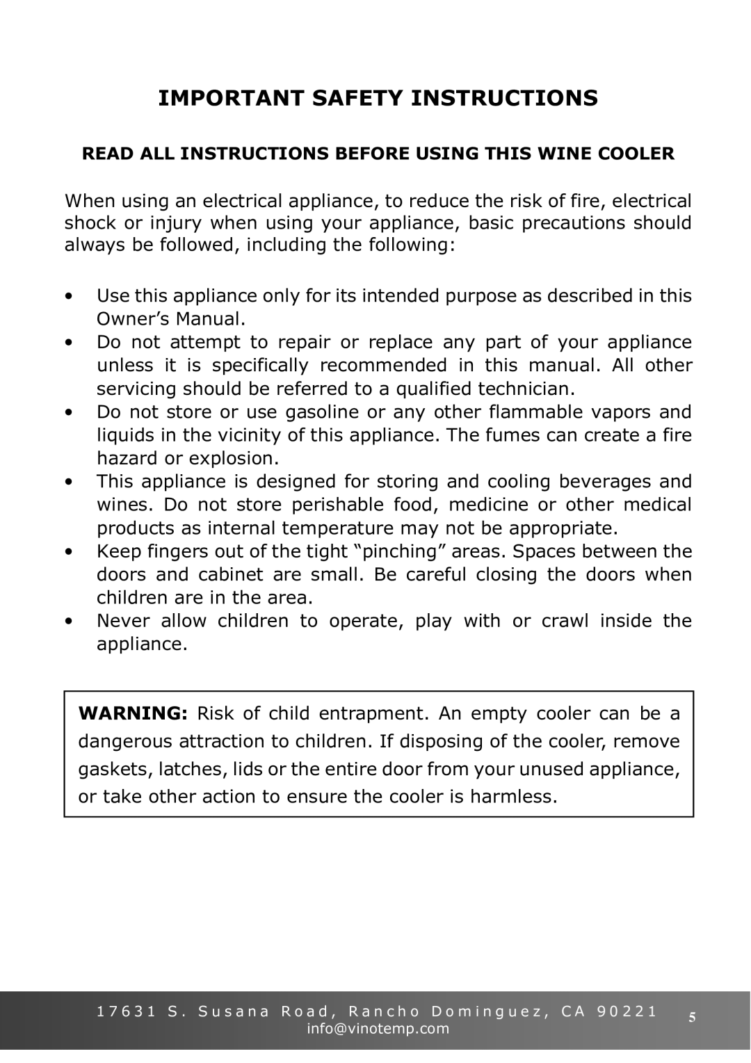 Vinotemp VT-36 owner manual Important Safety Instructions, Read ALL Instructions Before Using this Wine Cooler 