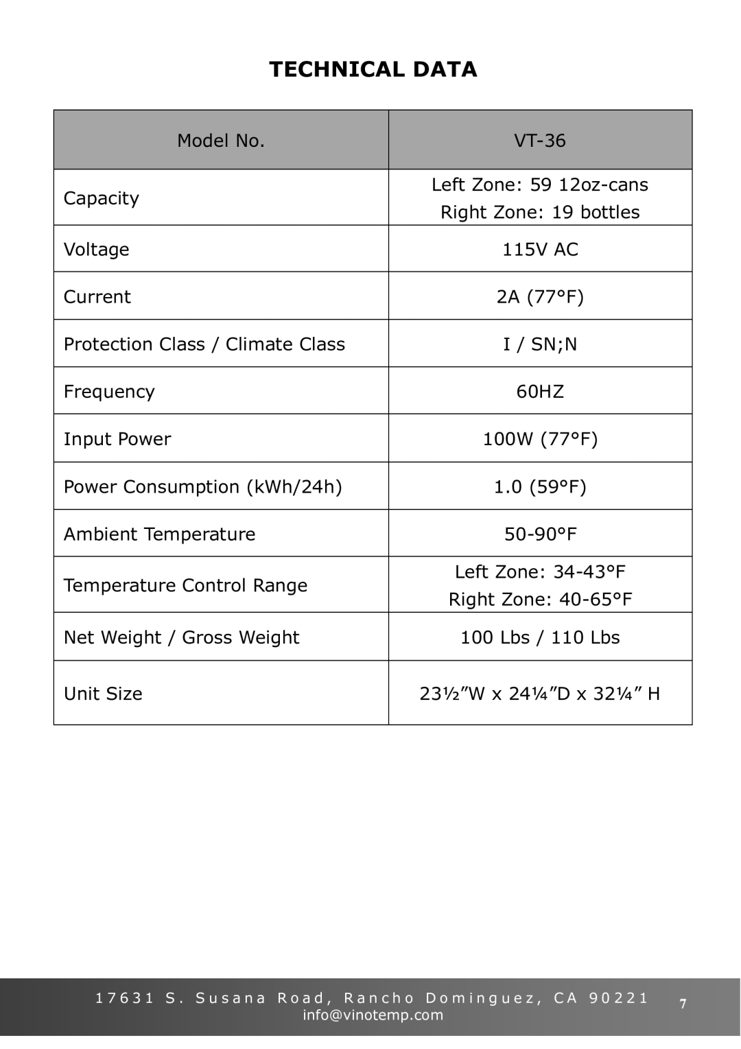 Vinotemp VT-36 owner manual Technical Data 