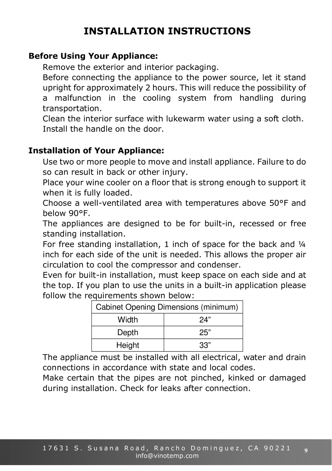 Vinotemp VT-36 owner manual Installation Instructions, Before Using Your Appliance, Installation of Your Appliance 