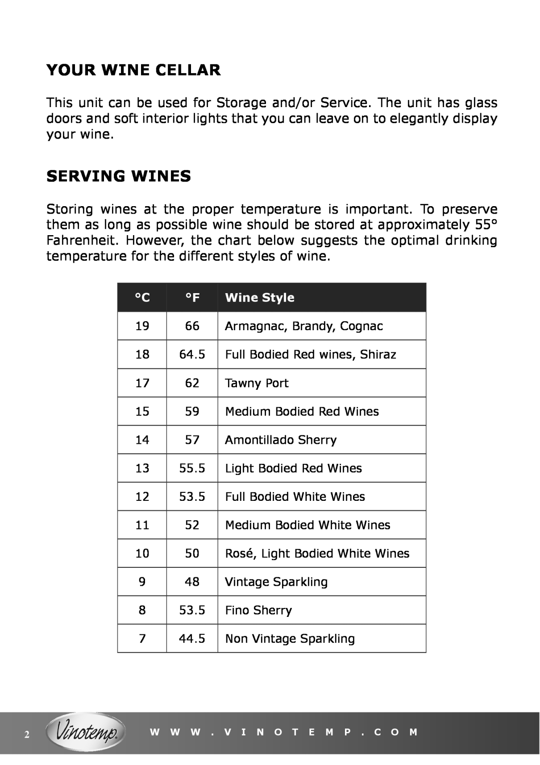 Vinotemp VT-36 owner manual Your Wine Cellar, Serving Wines, Wine Style 