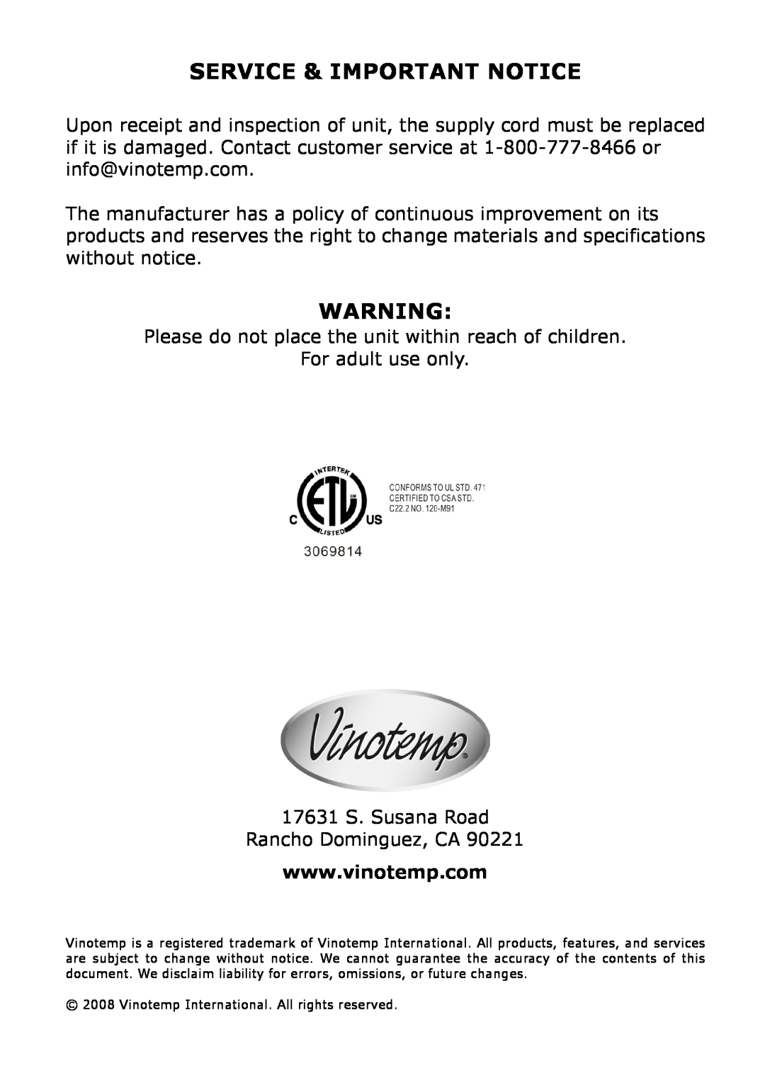Vinotemp VT-36 owner manual Service & Important Notice 