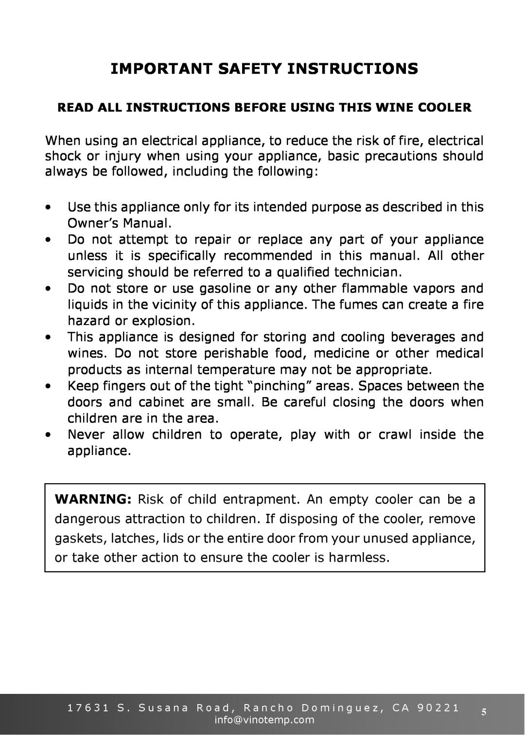 Vinotemp VT-36 owner manual Important Safety Instructions, Read All Instructions Before Using This Wine Cooler 