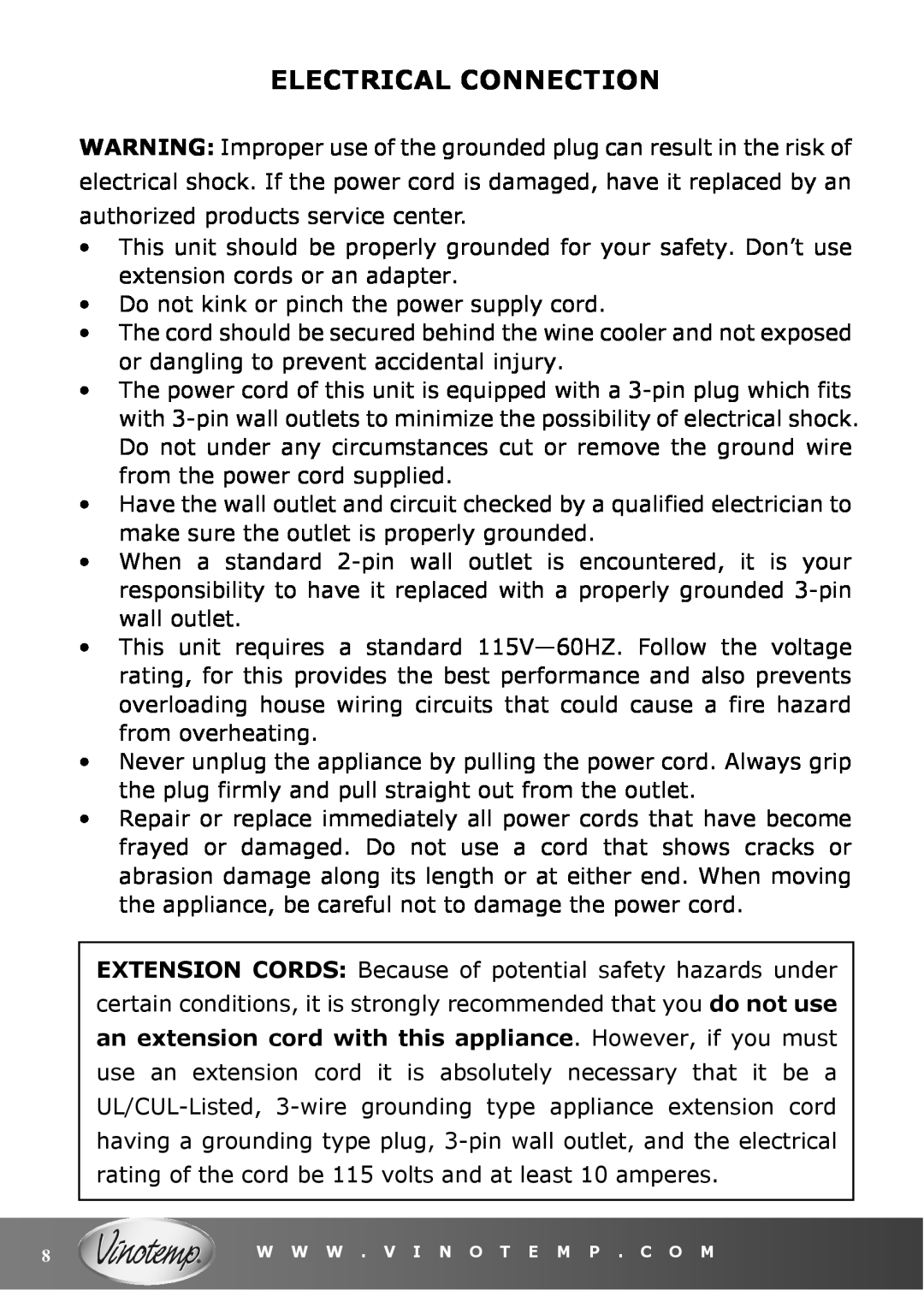 Vinotemp VT-36 owner manual Electrical Connection 