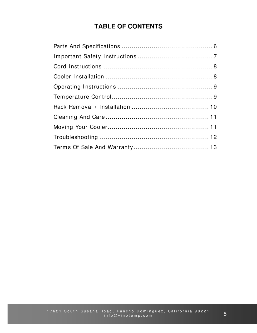 Vinotemp VT-38 owner manual Table of Contents 