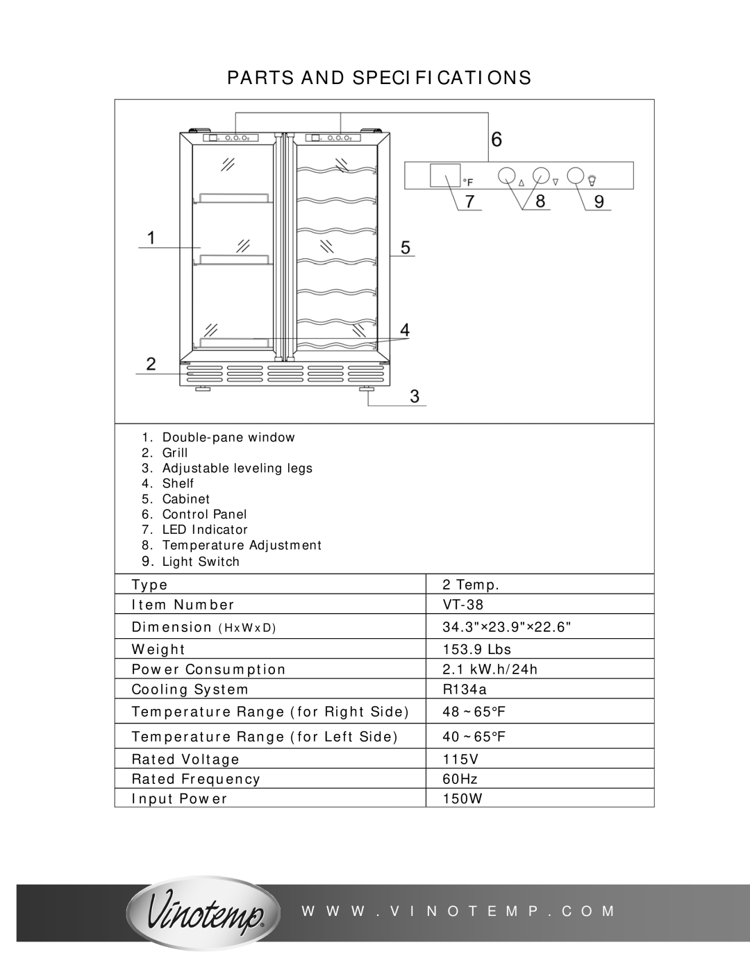 Vinotemp VT-38 owner manual Parts and Specifications 