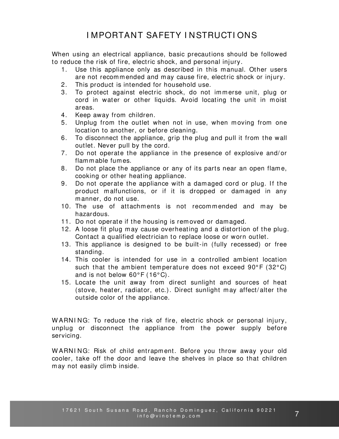 Vinotemp VT-38 owner manual Important Safety Instructions 