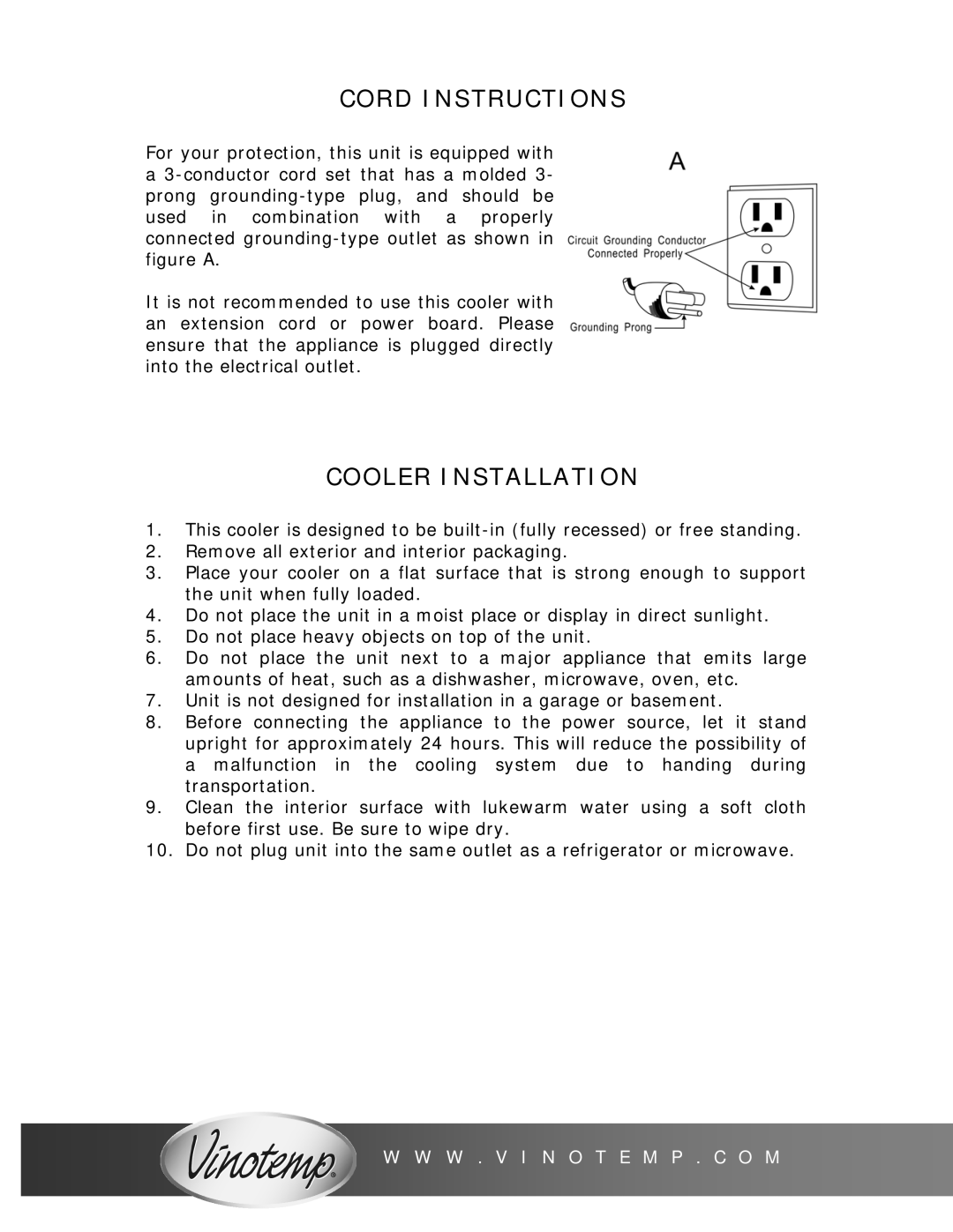 Vinotemp VT-38 owner manual Cord Instructions, Cooler Installation 