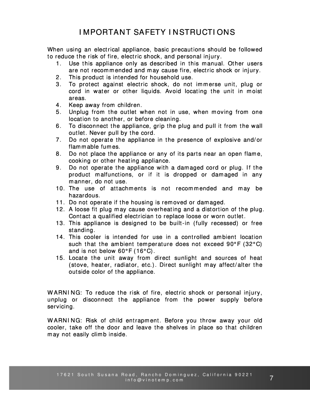 Vinotemp VT-38 owner manual Important Safety Instructions 