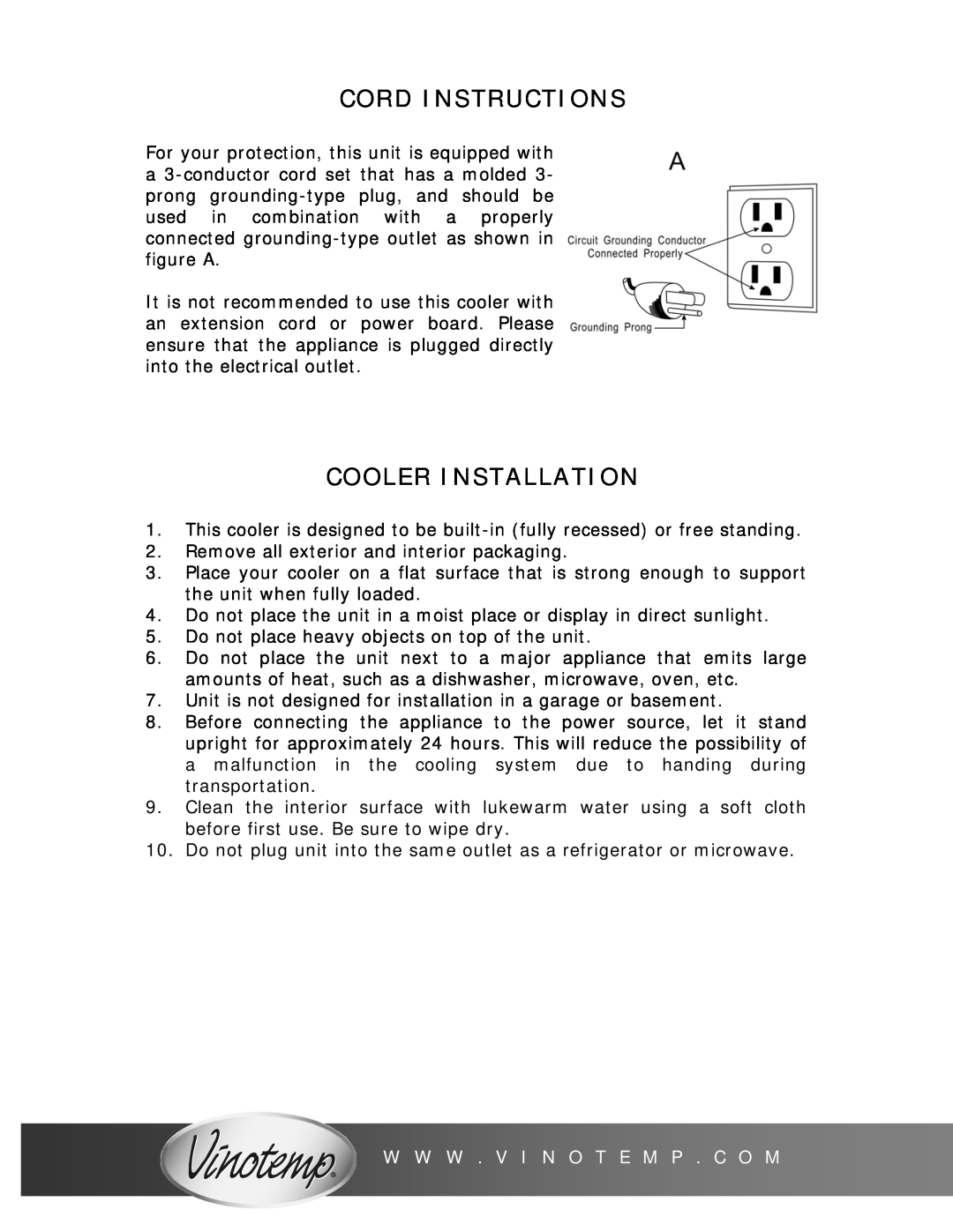Vinotemp VT-38 owner manual Cord Instructions, Cooler Installation, W W W . V I N O T E M P . C O M 