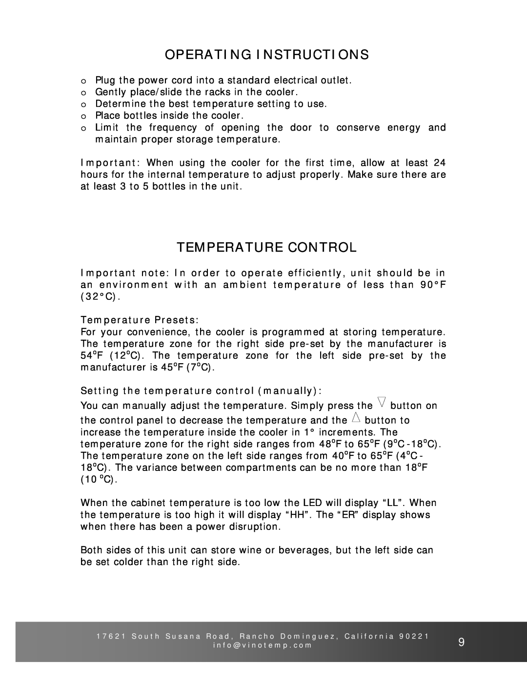 Vinotemp VT-38 Operating Instructions, Temperature Control, Temperature Presets, Setting the temperature control manually 