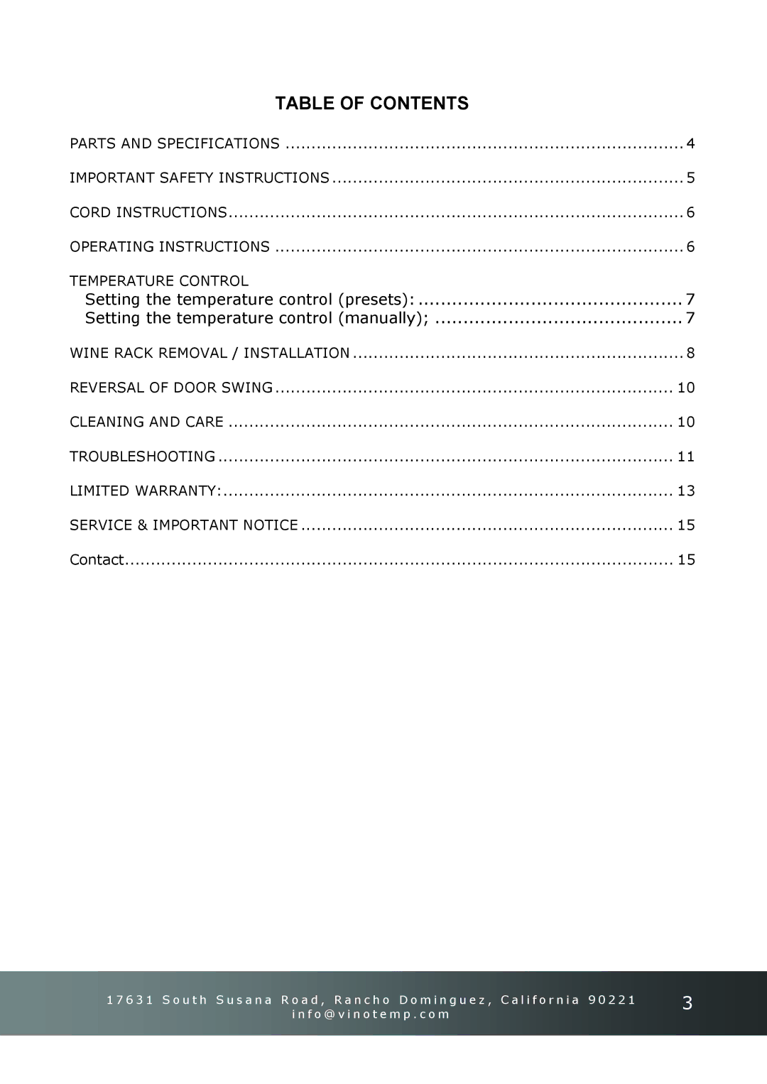 Vinotemp VT-45R instruction manual Table of Contents 