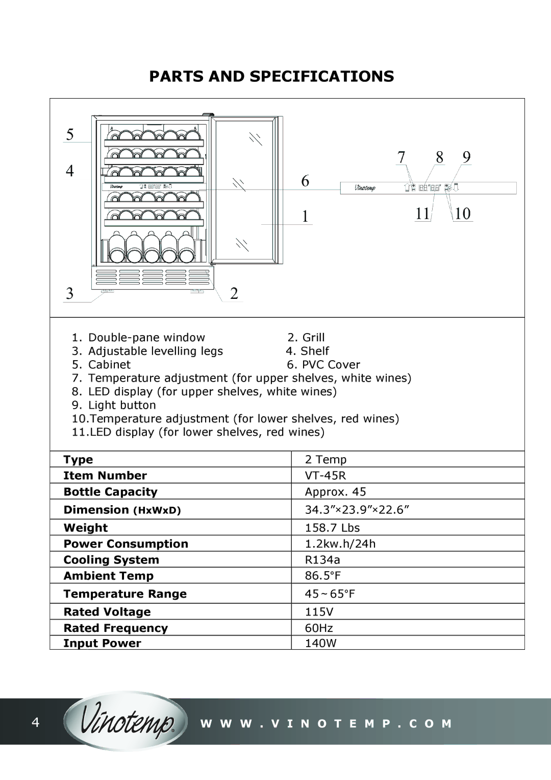 Vinotemp VT-45R instruction manual Parts and Specifications 