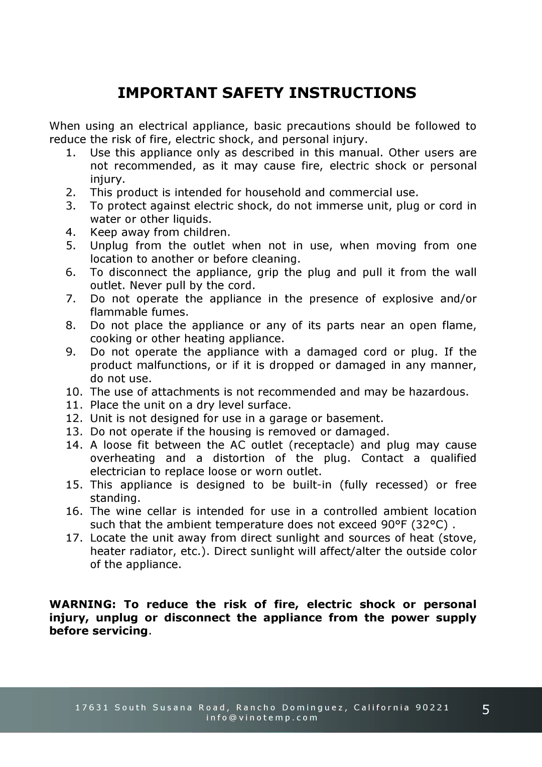 Vinotemp VT-45R instruction manual Important Safety Instructions 