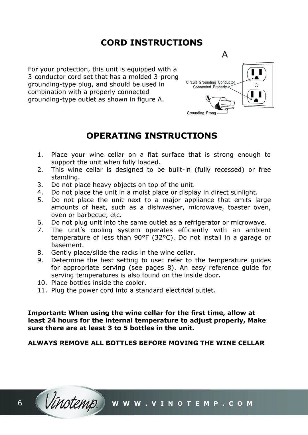 Vinotemp VT-45R instruction manual Cord Instructions, Operating Instructions 