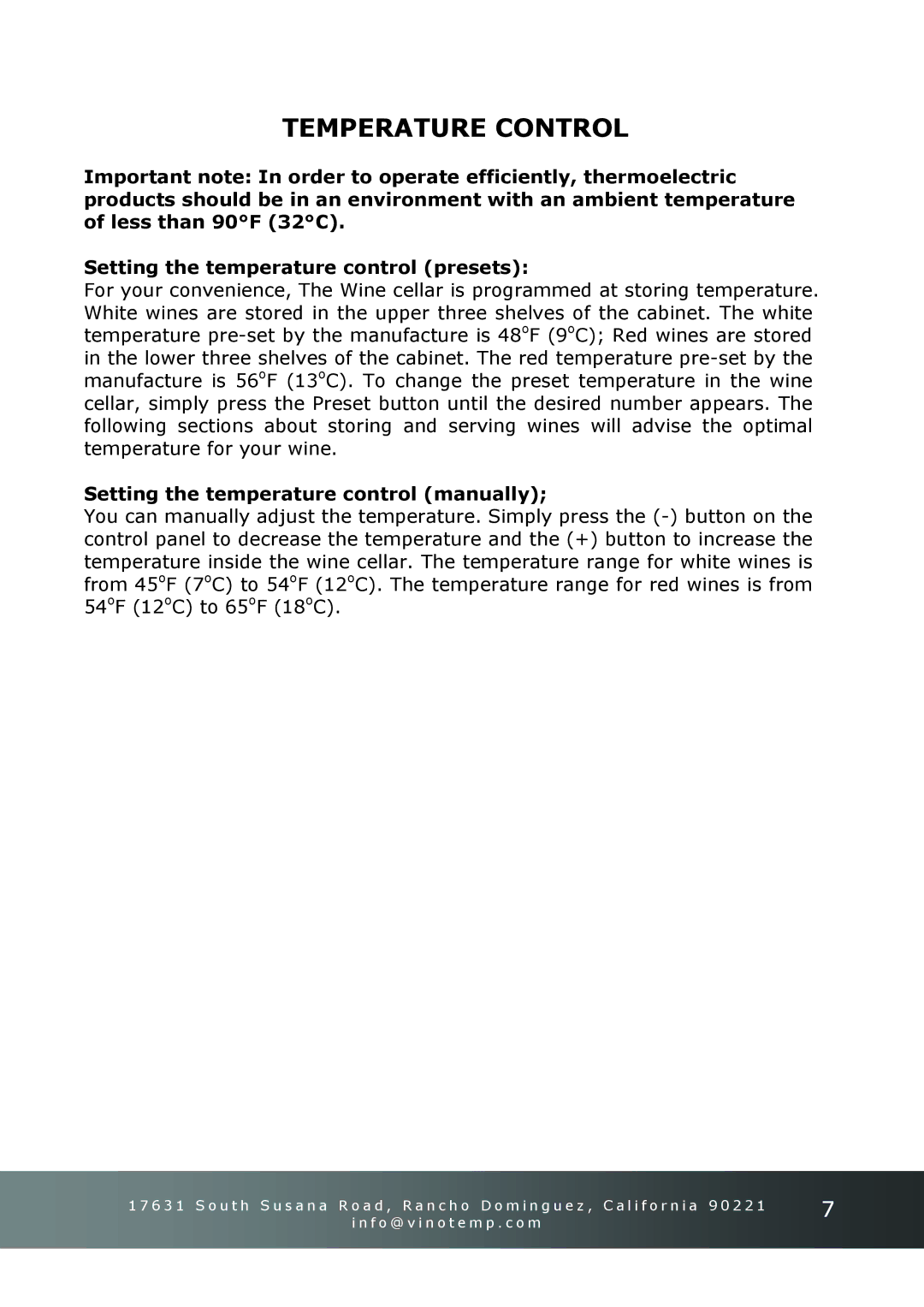 Vinotemp VT-45R instruction manual Temperature Control, Setting the temperature control manually 