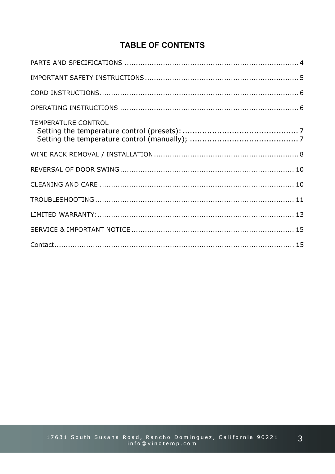 Vinotemp VT-45R instruction manual Table Of Contents 