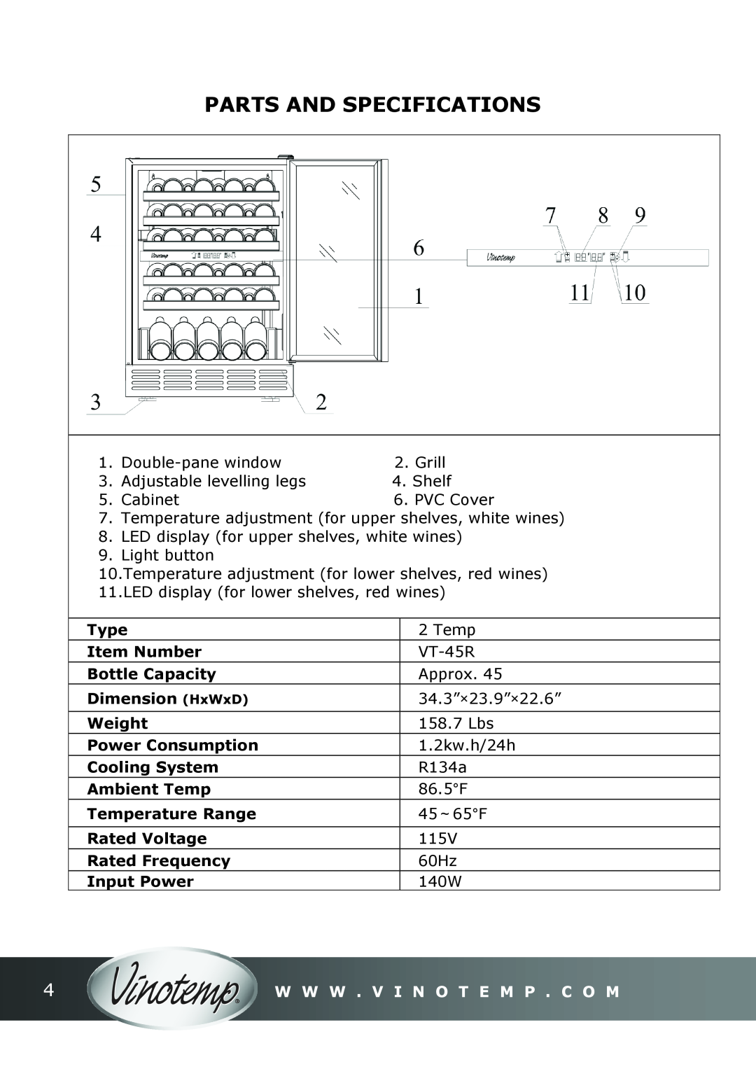 Vinotemp VT-45R instruction manual Parts And Specifications, W W W . V I N O T E M P . C O M 