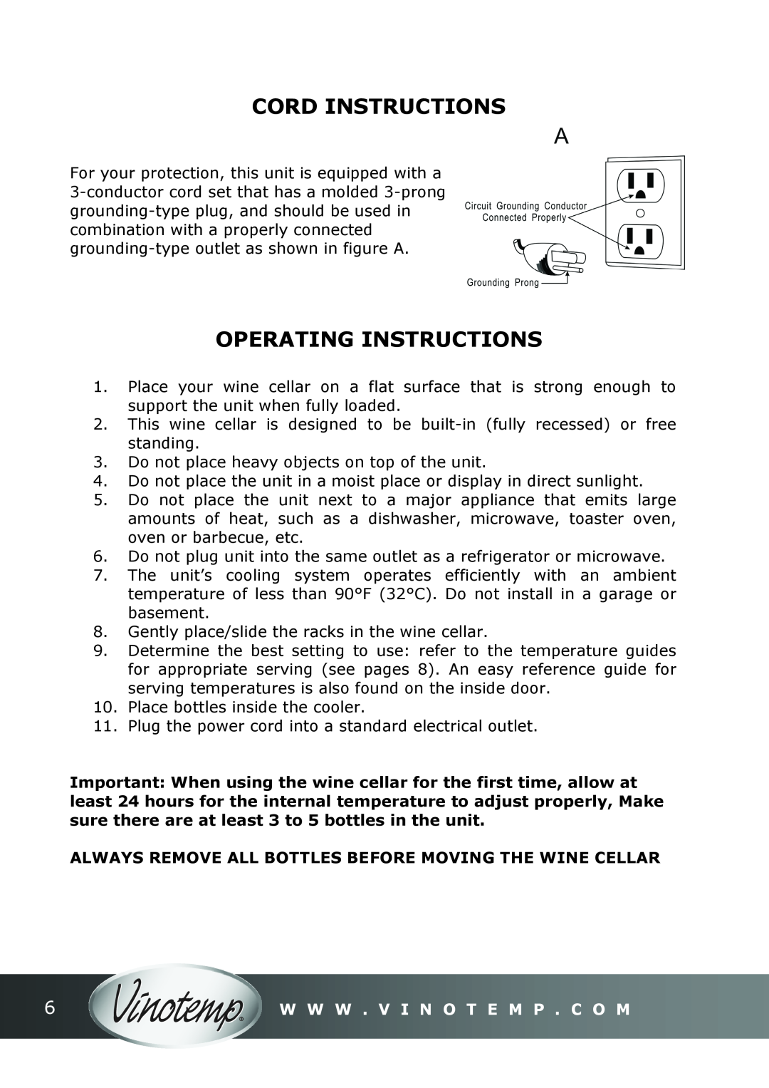 Vinotemp VT-45R instruction manual Cord Instructions, Operating Instructions, W W W . V I N O T E M P . C O M 