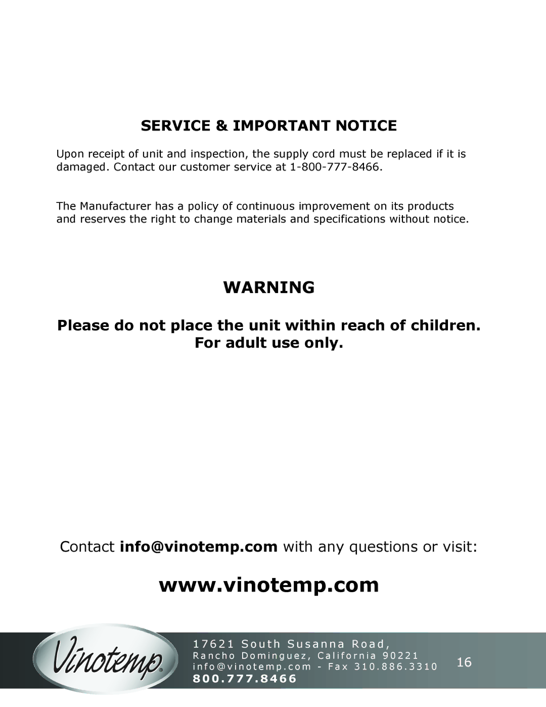 Vinotemp VT-50SBW instruction manual Service & Important Notice 