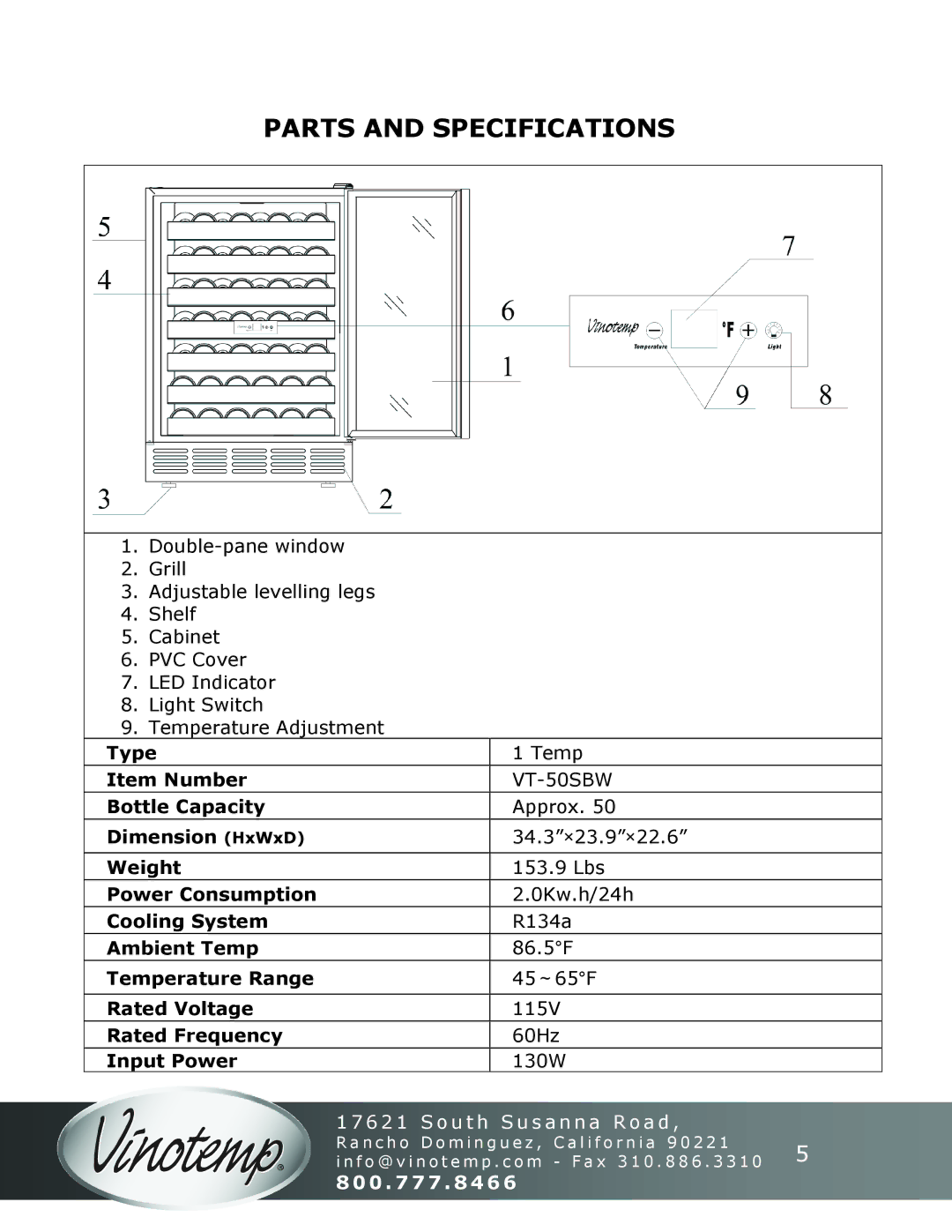 Vinotemp VT-50SBW instruction manual Parts and Specifications, Input Power 