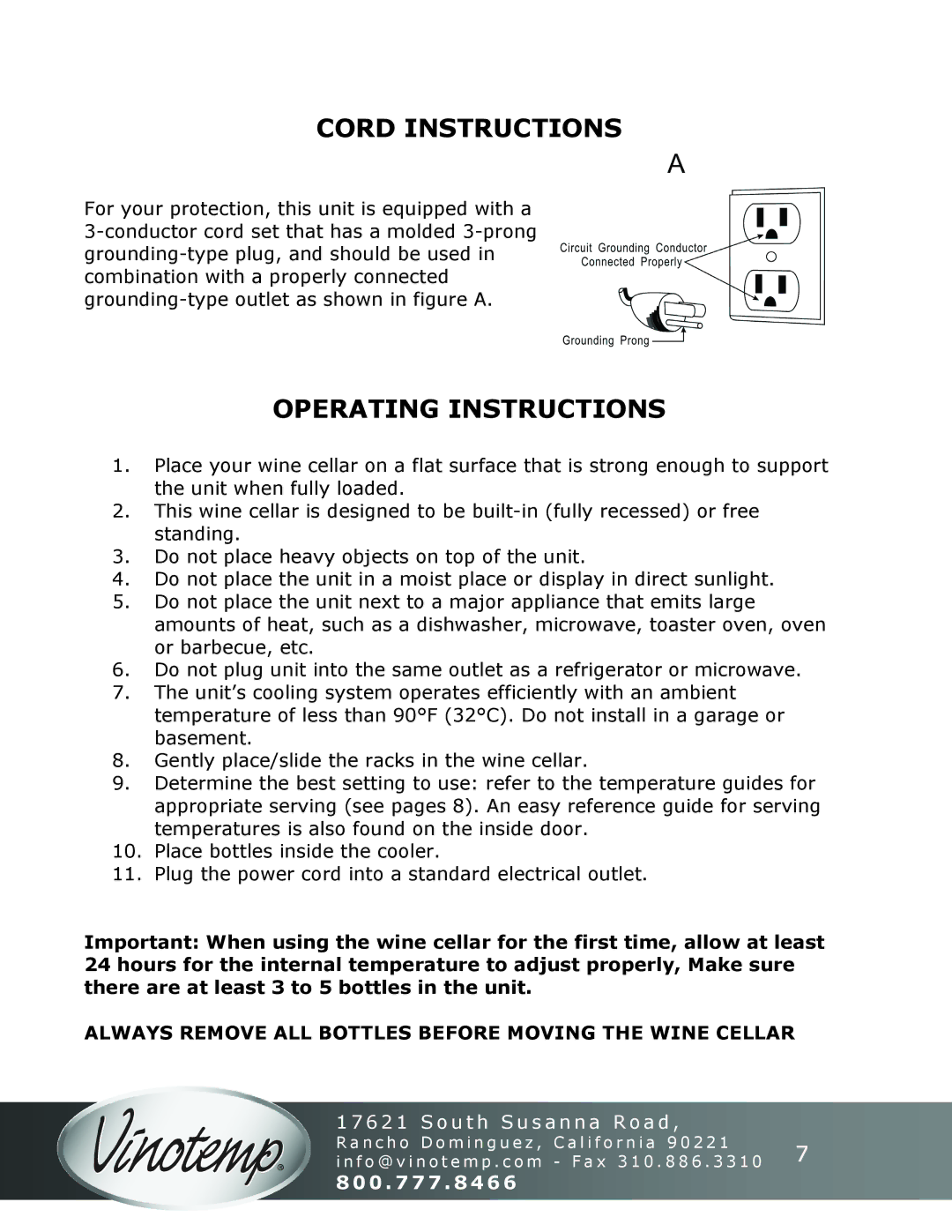 Vinotemp VT-50SBW instruction manual Cord Instructions, Operating Instructions 