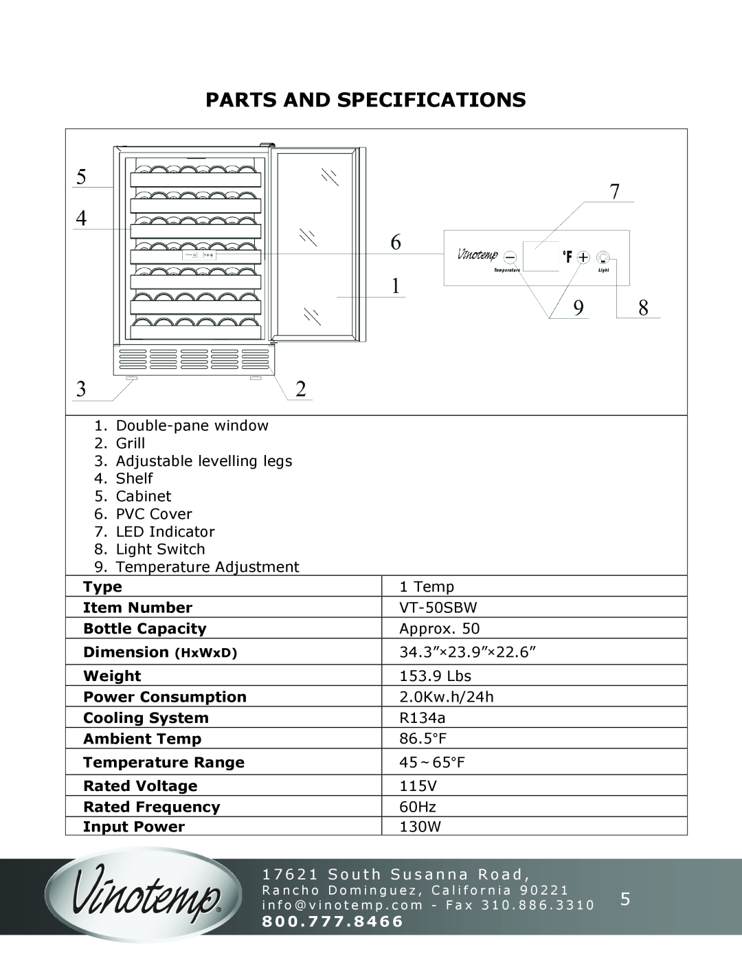 Vinotemp VT-50SBW instruction manual Parts And Specifications, 1 7 6 2 1 S o u t h S u s a n n a R o a d, 800 