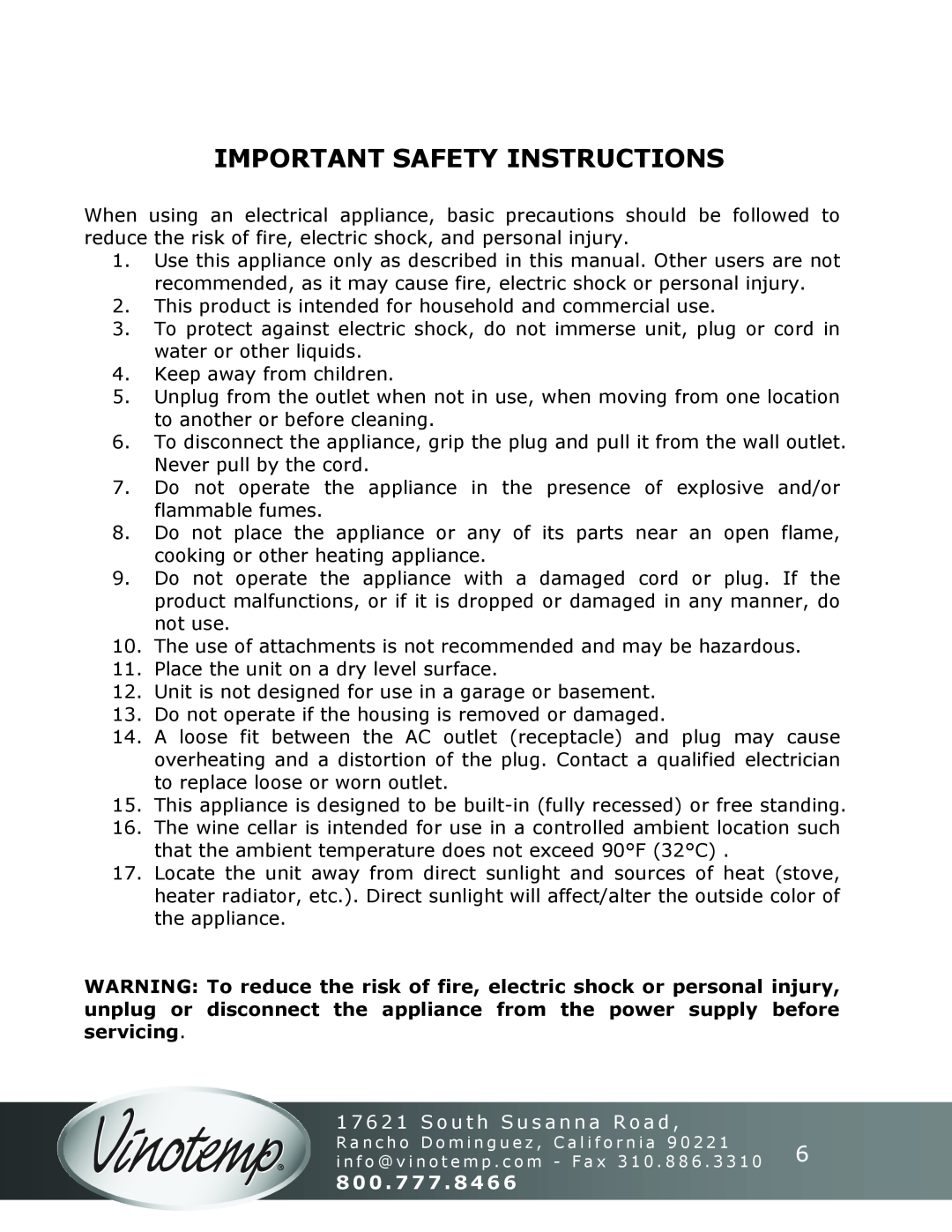 Vinotemp VT-50SBW instruction manual Important Safety Instructions, 1 7 6 2 1 S o u t h S u s a n n a R o a d, 800 