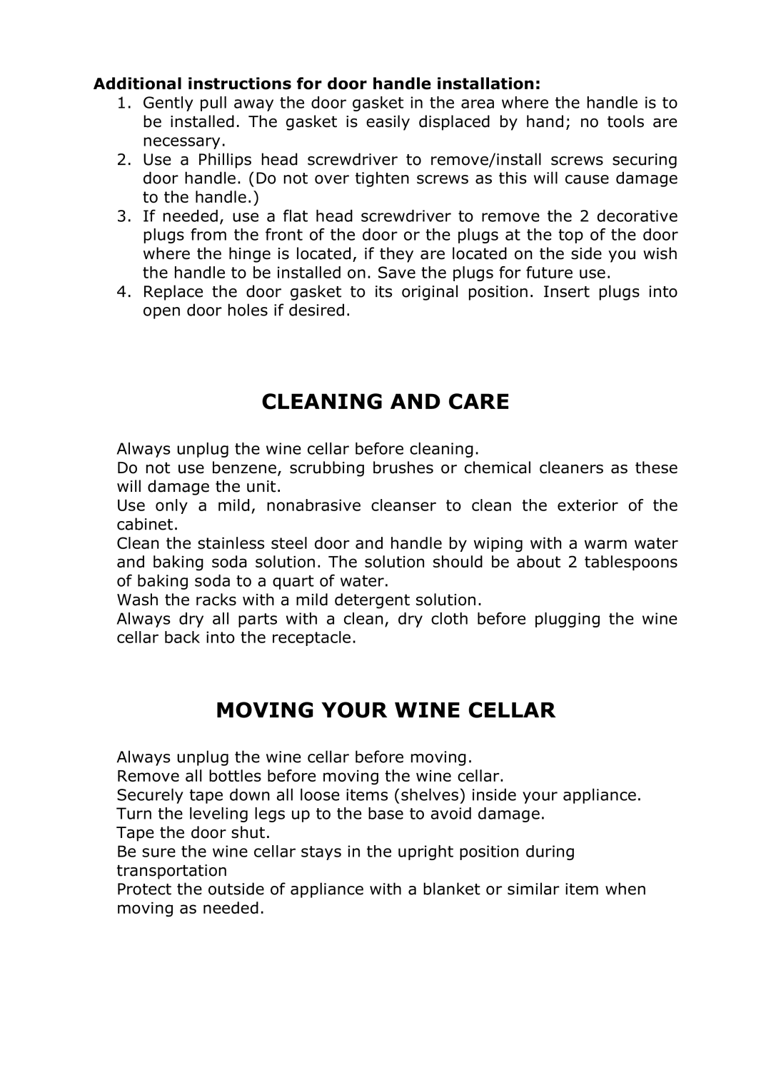 Vinotemp VT-58 owner manual Cleaning and Care, Moving Your Wine Cellar 