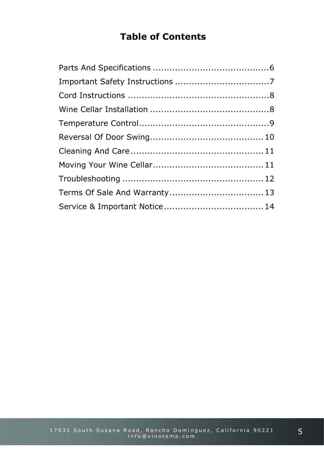 Vinotemp VT-58 owner manual Table of Contents 