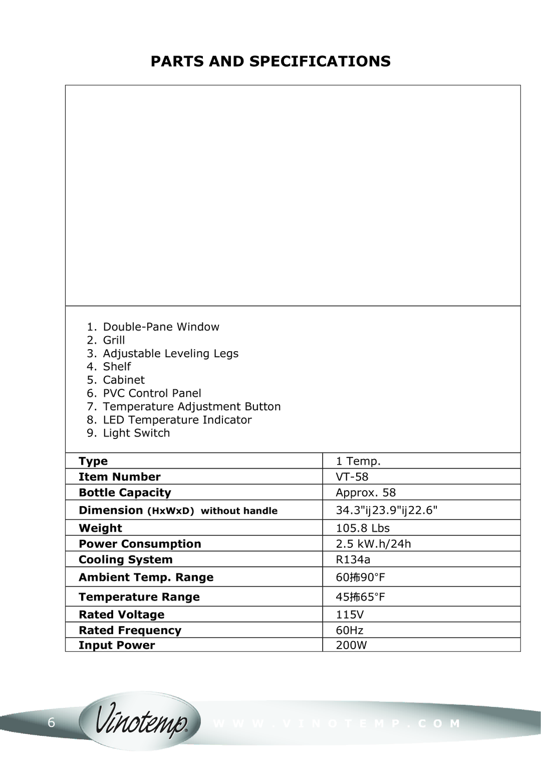 Vinotemp VT-58 owner manual Parts and Specifications 