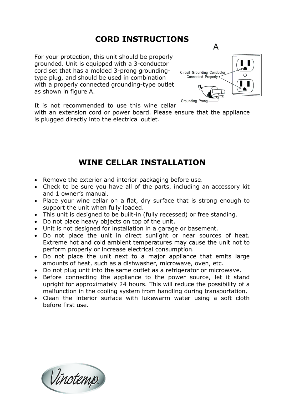 Vinotemp VT-58 owner manual Cord Instructions, Wine Cellar Installation 