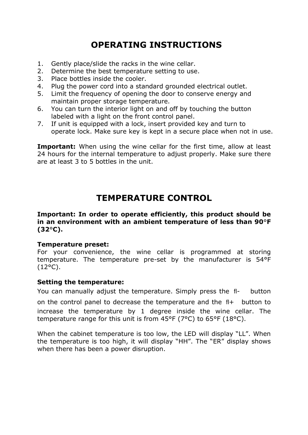 Vinotemp VT-58 owner manual Operating Instructions, Temperature Control 