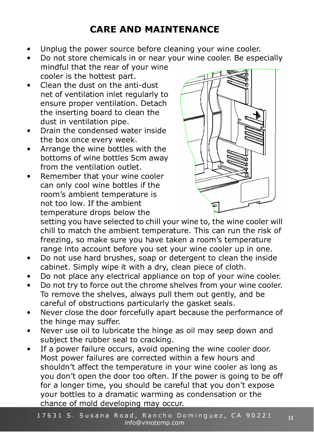 Vinotemp VT-6TED-WB, VT-6TED-WW owner manual Care and Maintenance 