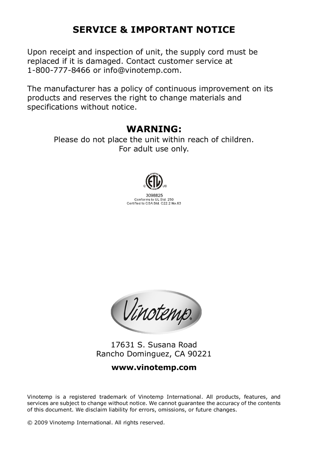 Vinotemp VT-6TED-WW, VT-6TED-WB owner manual Service & Important Notice 