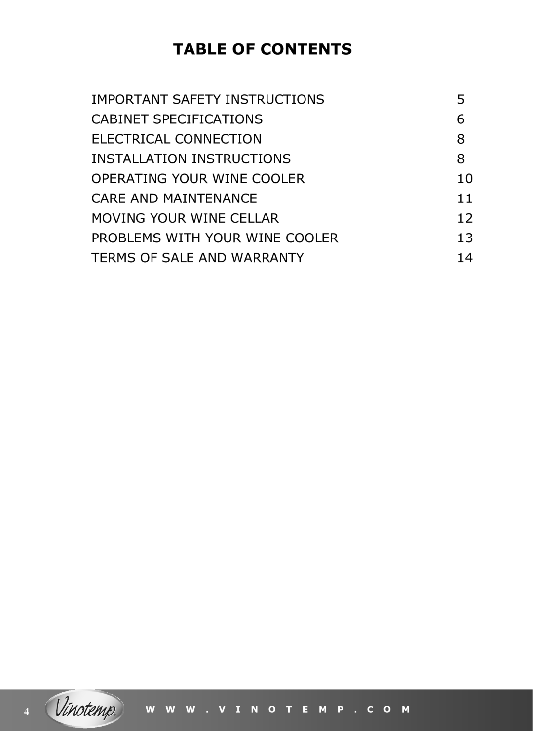 Vinotemp VT-6TED-WW, VT-6TED-WB owner manual Table of Contents 