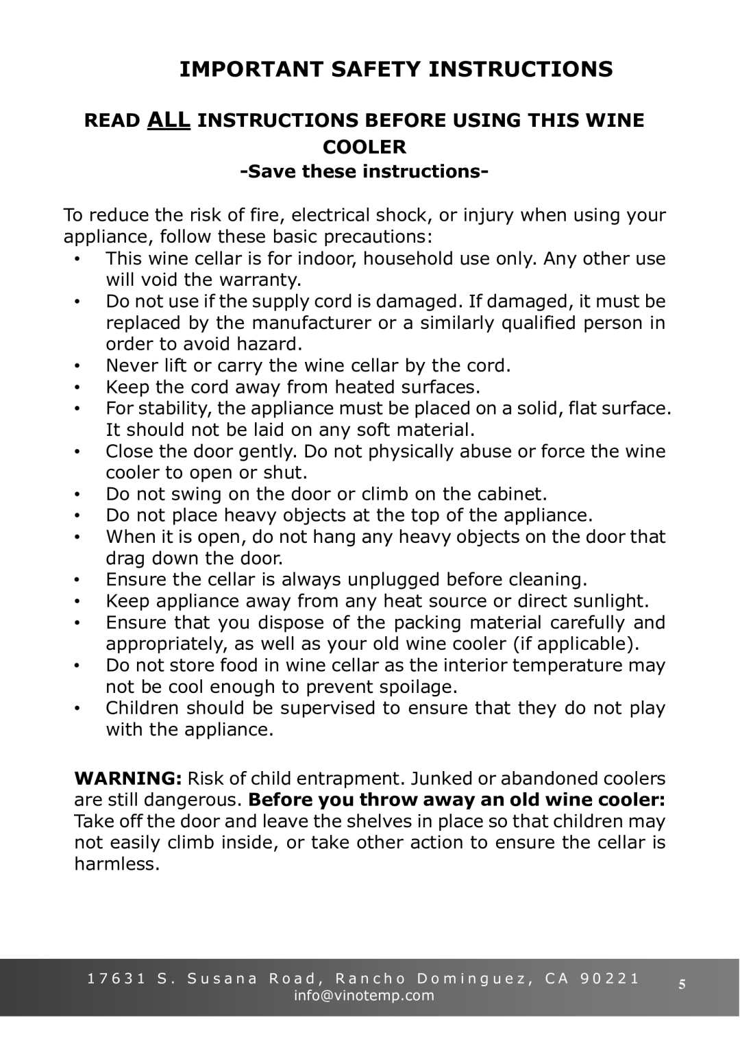 Vinotemp VT-6TED-WB, VT-6TED-WW Important Safety Instructions, Read ALL Instructions Before Using this Wine Cooler 