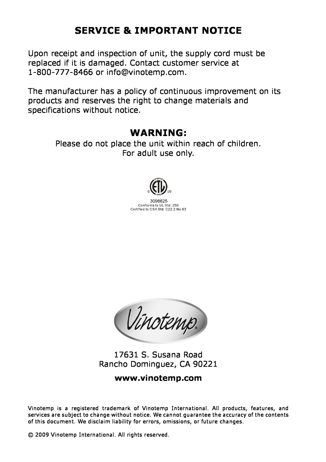 Vinotemp VT-6TED-WW, VT-6TED-WB owner manual Service & Important Notice 