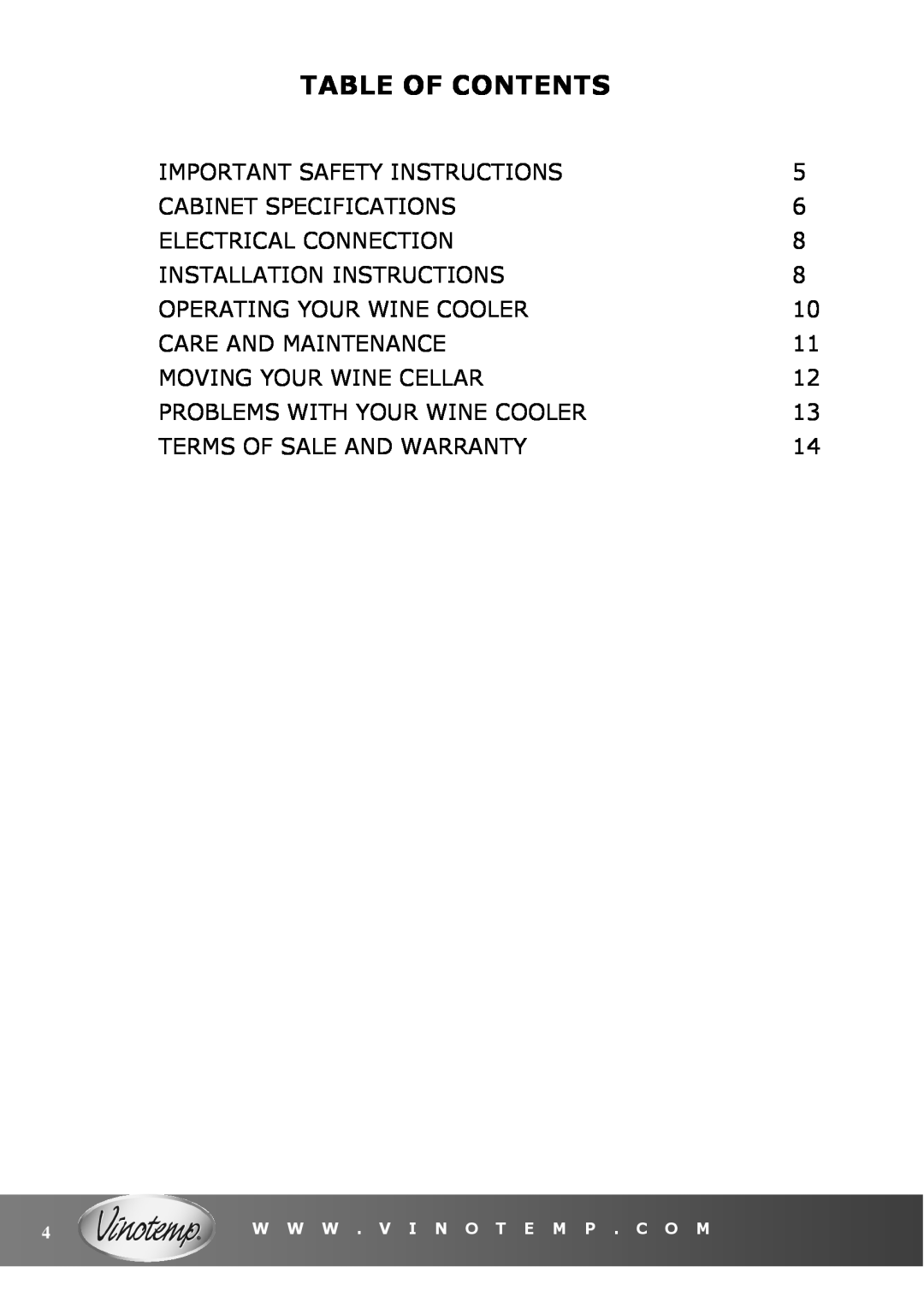 Vinotemp VT-6TED-WW, VT-6TED-WB owner manual Table Of Contents 