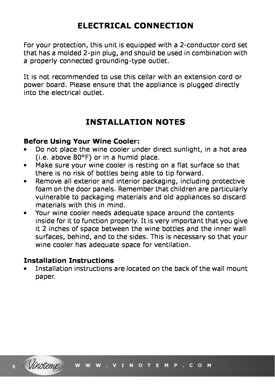 Vinotemp VT-6TED-WW Electrical Connection, Installation Notes, Before Using Your Wine Cooler, Installation Instructions 