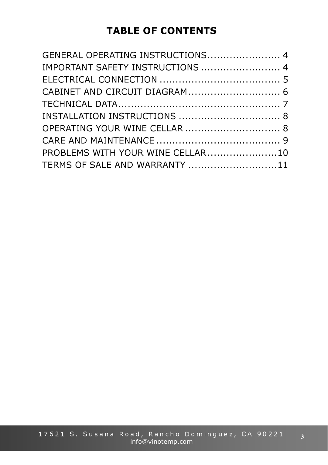 Vinotemp VT-6TEDS owner manual Table of Contents 