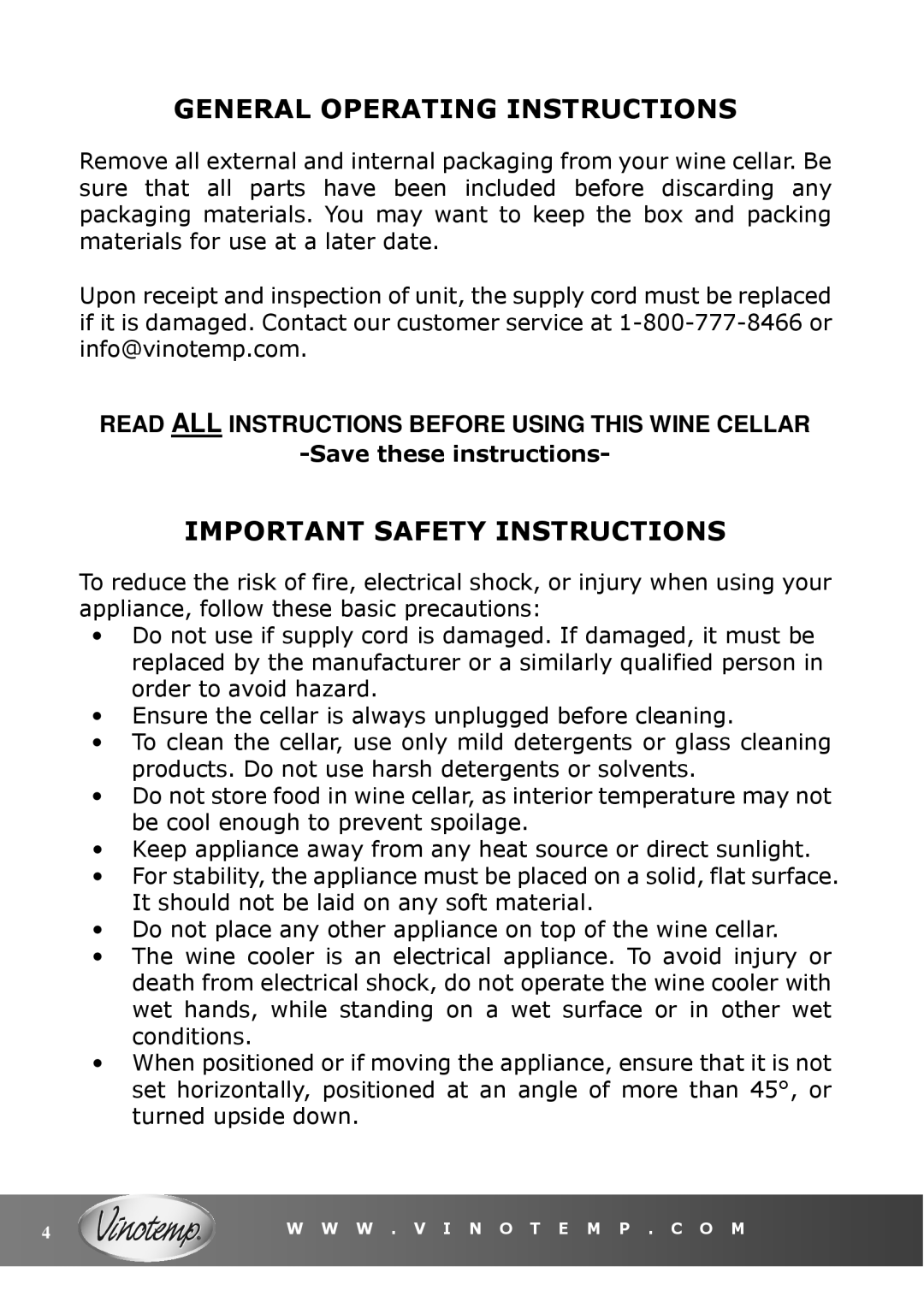 Vinotemp VT-6TEDS owner manual General Operating Instructions, Important Safety Instructions 