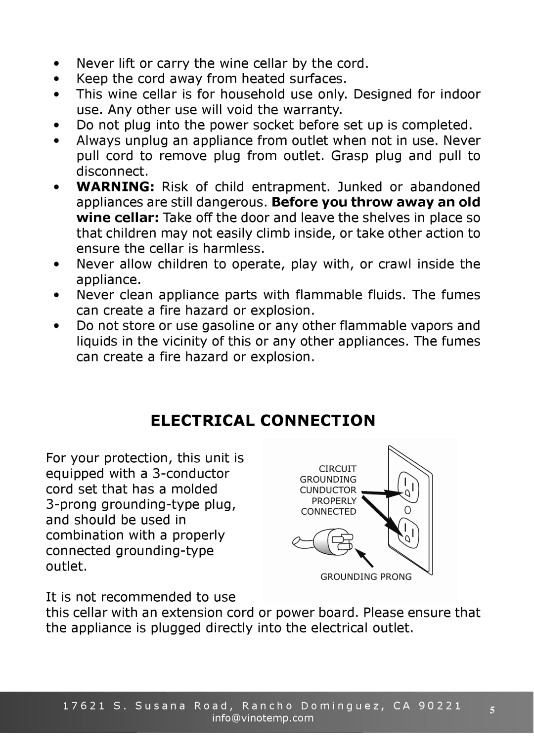 Vinotemp VT-6TEDS owner manual Electrical Connection 