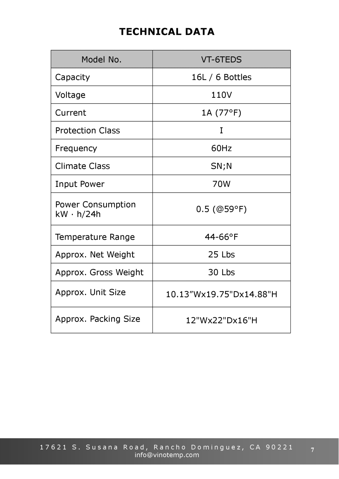 Vinotemp VT-6TEDS owner manual Technical Data 